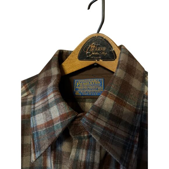 Pendleton Wool Board Shirt Men’s M Plaid Brown Blue 
60s–70s Made in USA - Picture 2 of 10